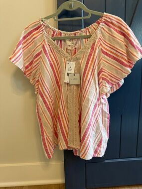 Cupio Pink, Cream & Coral Stripe Lace-Trim Flutter Blouse